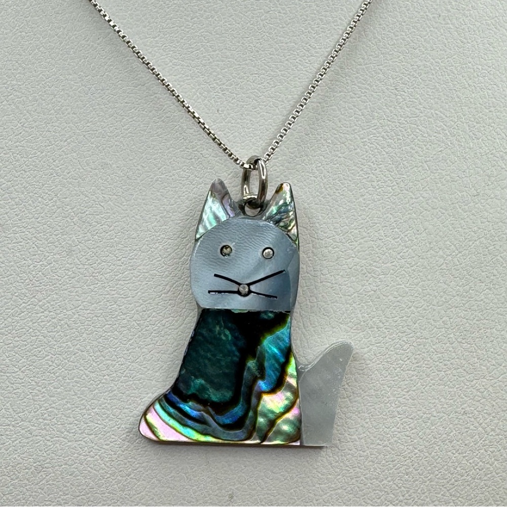 Sterling Silver Abalone Cat Pendant Necklace 18” Box Chain Kitty Animal Charm